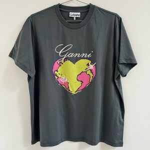 Ganni Gray T-Shirt with Pink and Green Heart Graphic